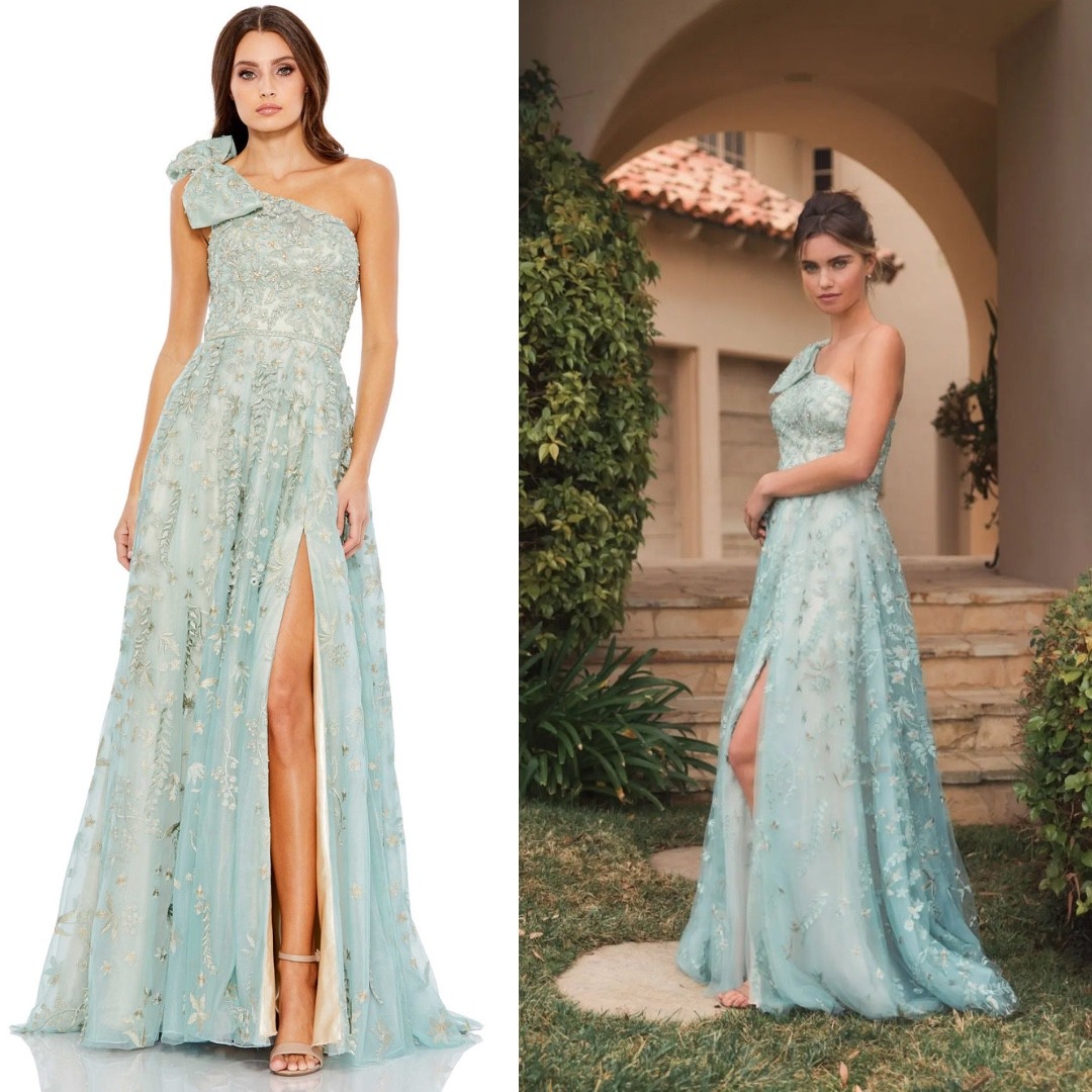 Mac Duggal Embellished Bow Embroidered One Shoulder A-Line Gown Sage $898 Size 4